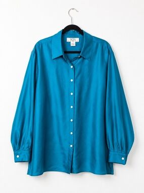 NEXX Woman 100% Silk Blouse 2X Turquoise Blue Button Front Long Sleeve Shirt